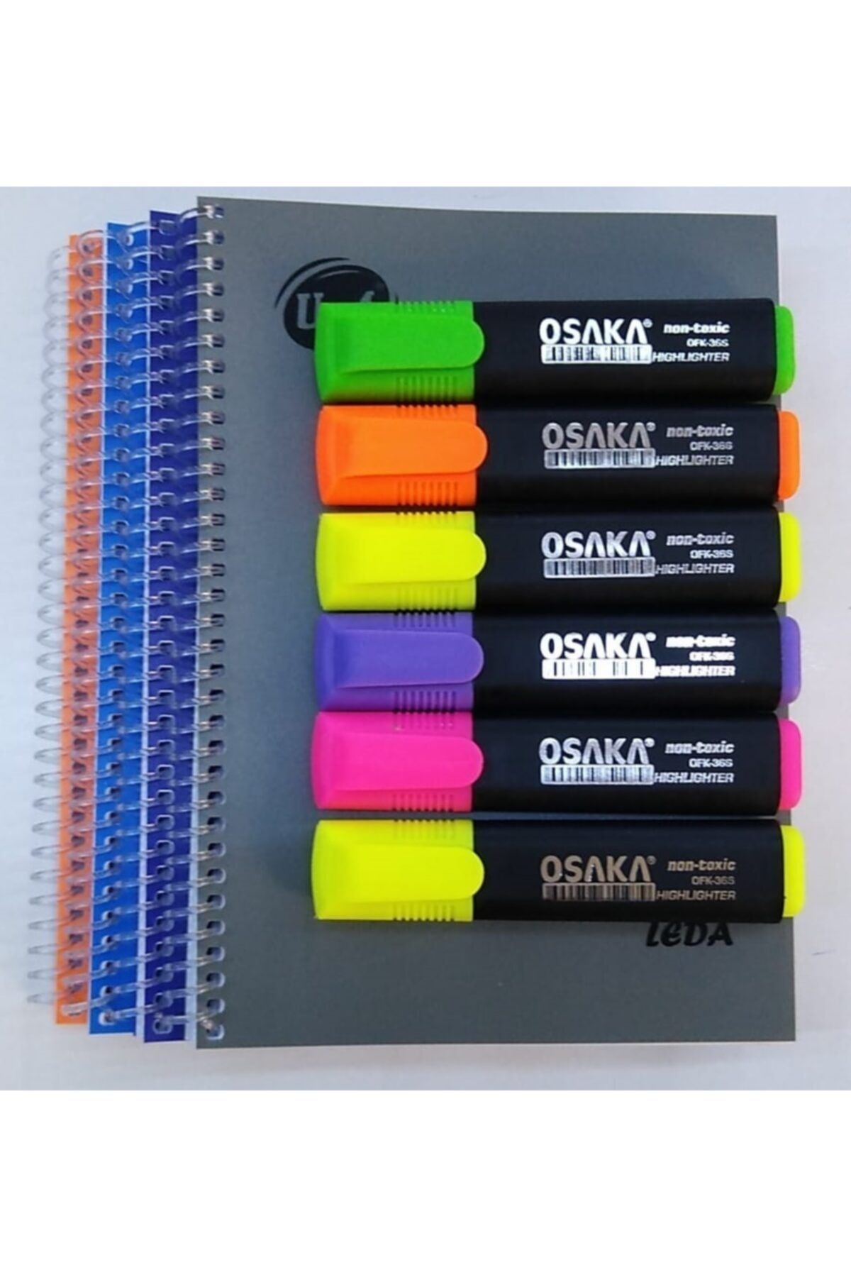 Osaka Fosforlu Kalem 6 lı Canlı Renk + 1 Adet 72 Yaprak Spiralli P.P Kapak A5 Defter