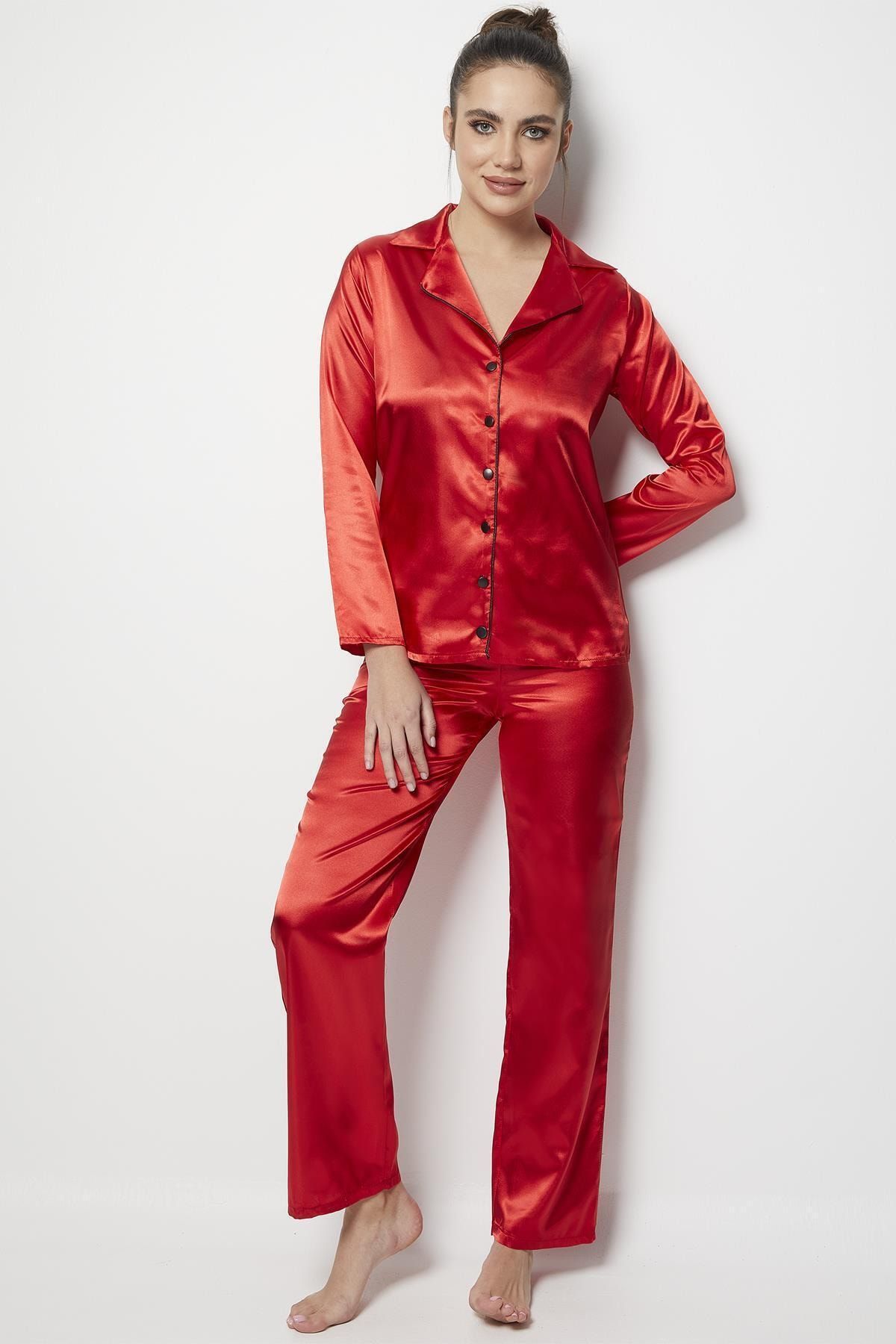 Miorre Kadın Kırmızı Saten Uzun Kol Pijama Takımı