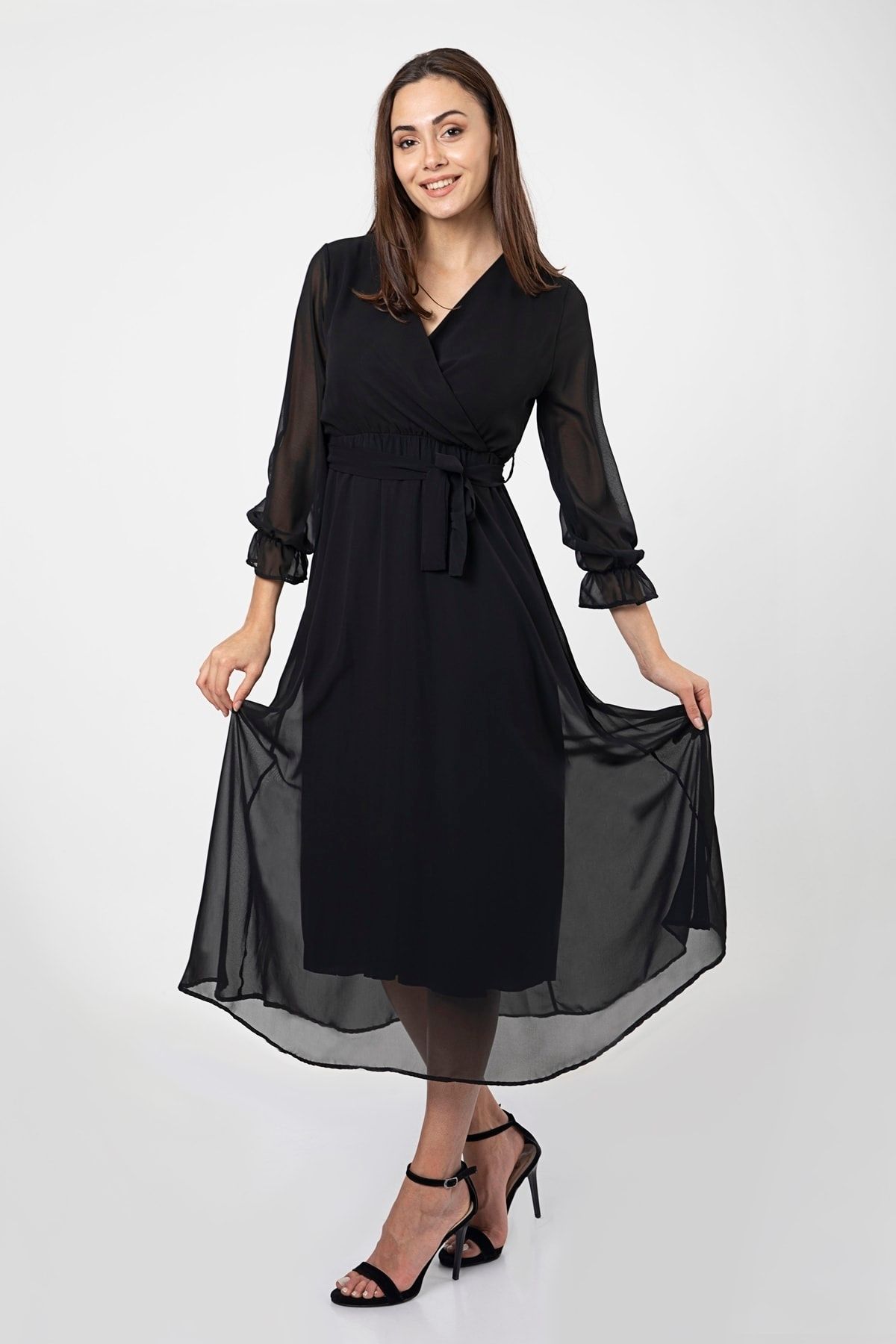 MD trend Kadın Siyah Astarlı Tül Detaylı Kruvaze Uzun Şifon Elbise