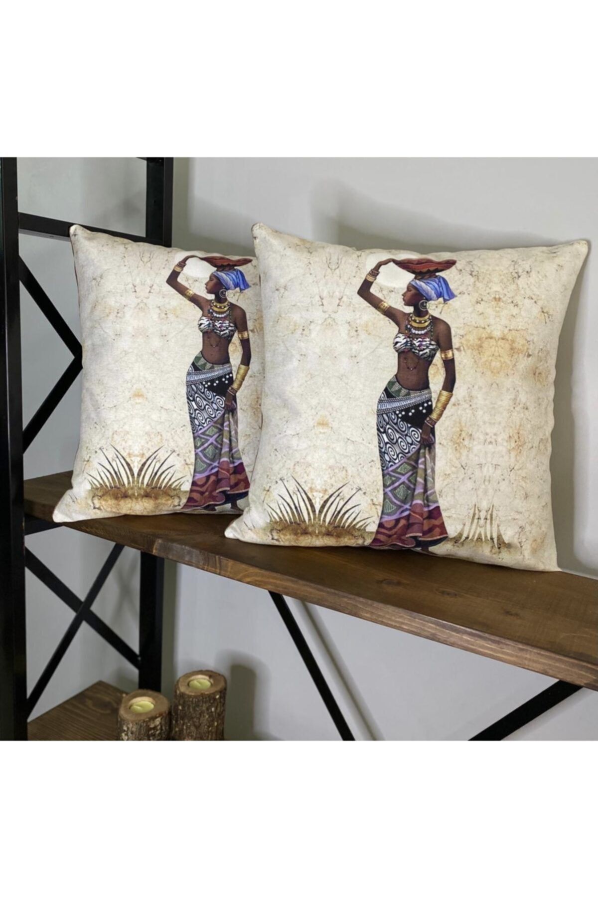 Marisa Store Afrika Kadın Desenli Çift Taraflı Dekoratif 2'li Kırlent Kılıfı Seti