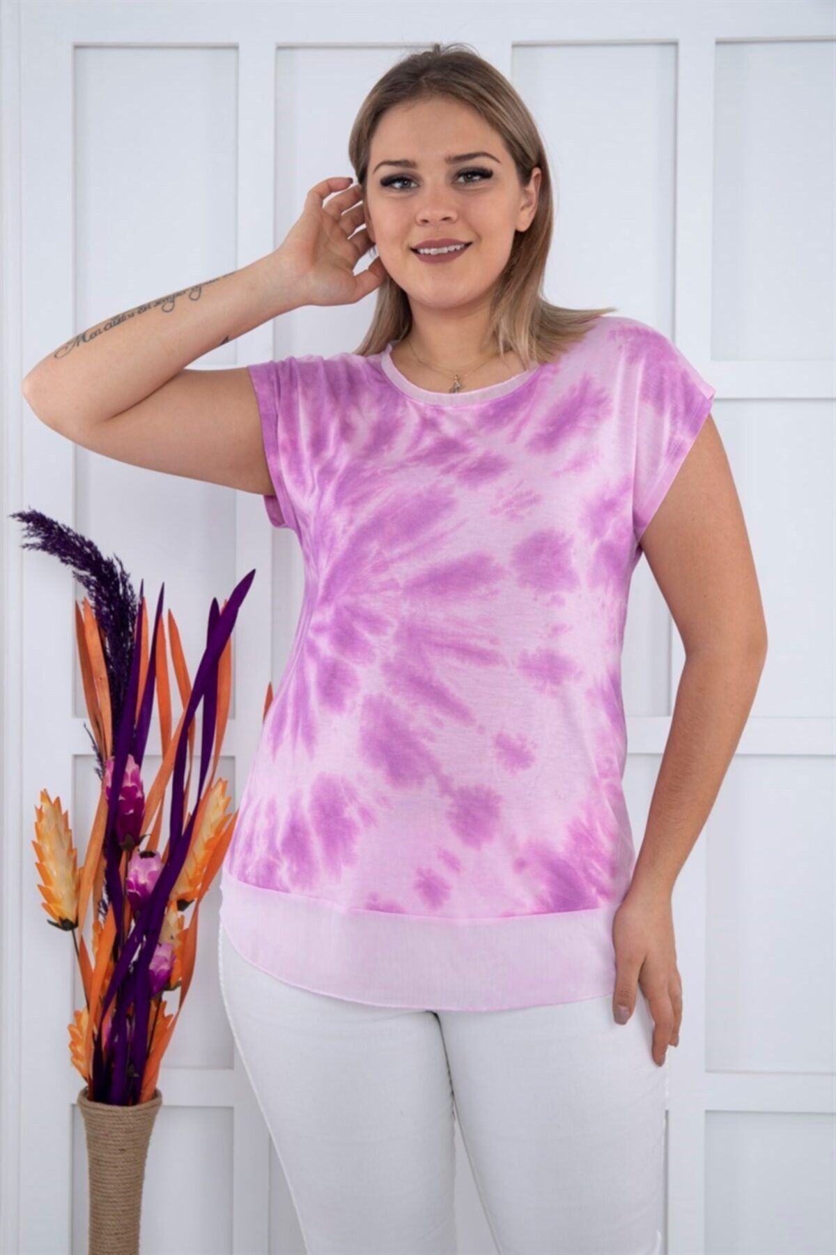 Seamoda Kadın Pembe Etek Ucu Şifon Batik Tshirt