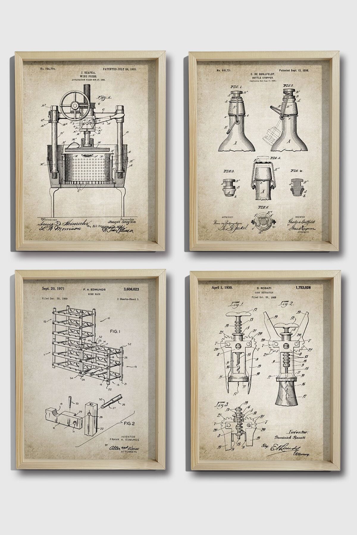 Dekor Loft Doğal Çam Çerçeveli Duvar Tablosu Şarap Mahseni Patent Seti 1898 Yılı