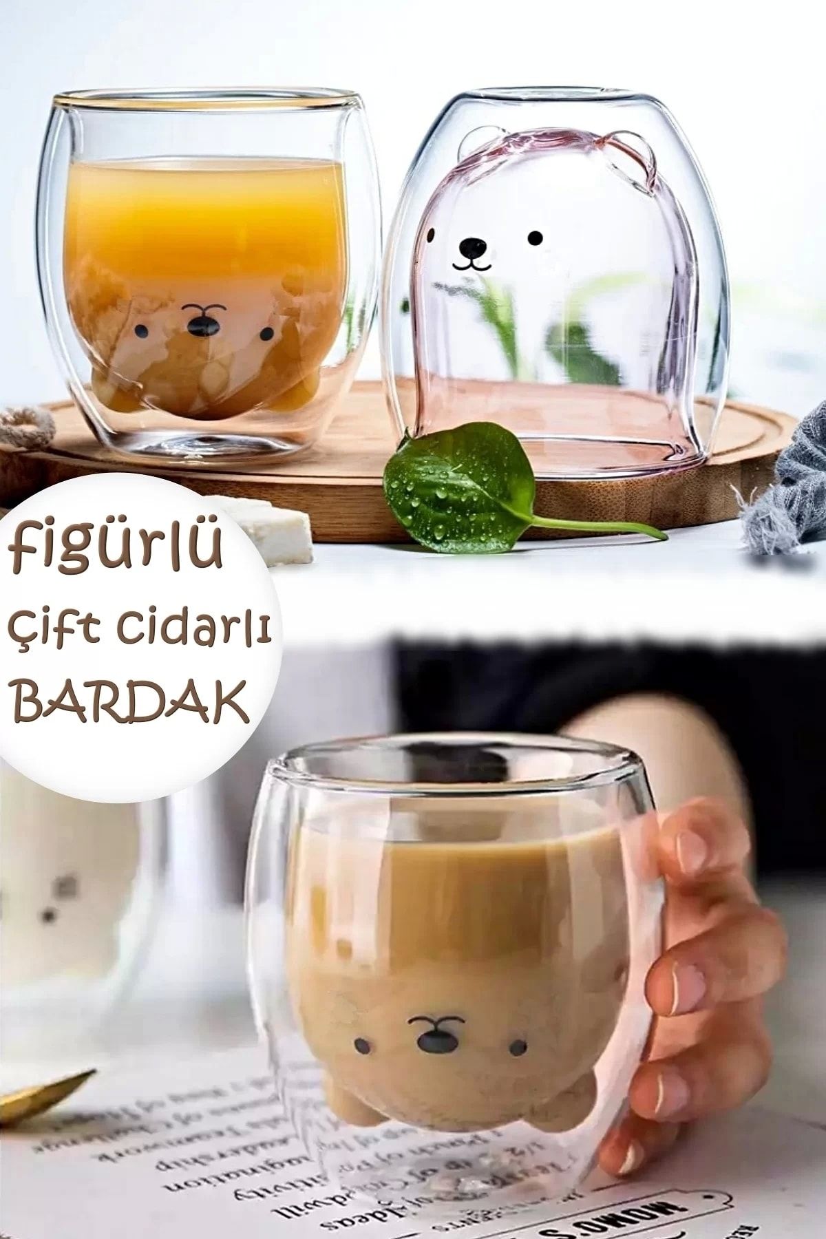 Tilbe Home Çift Camlı Cidarlı Sevimli Kedicik Süt Çay Kahve Su Kupa Bardağı 250ml Ev Ofis Isı Yalıtımlı Bardak