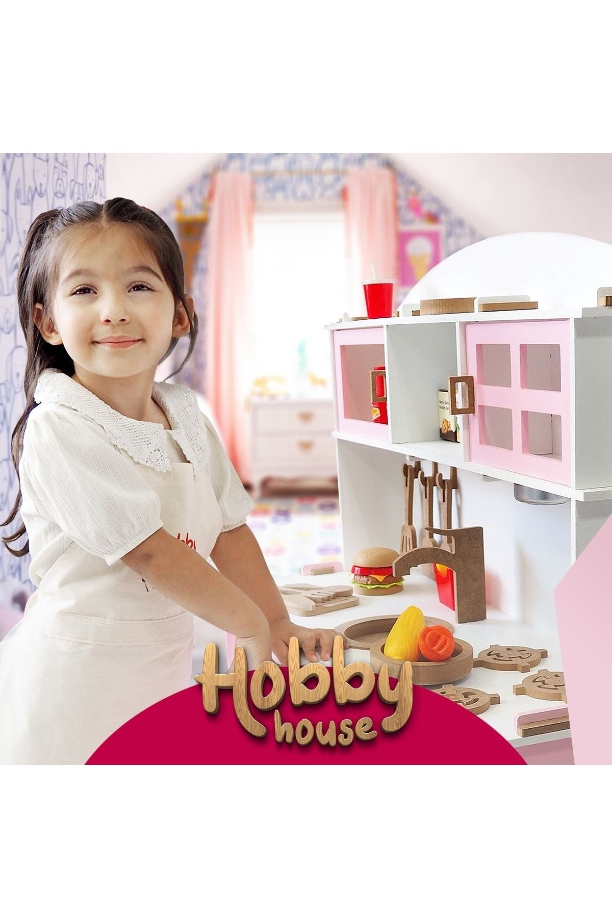 HOBBY HOUSE Boyalı Ahşap Oyuncak Mutfak Servis Seti Ve 1 Led Aydınlatma