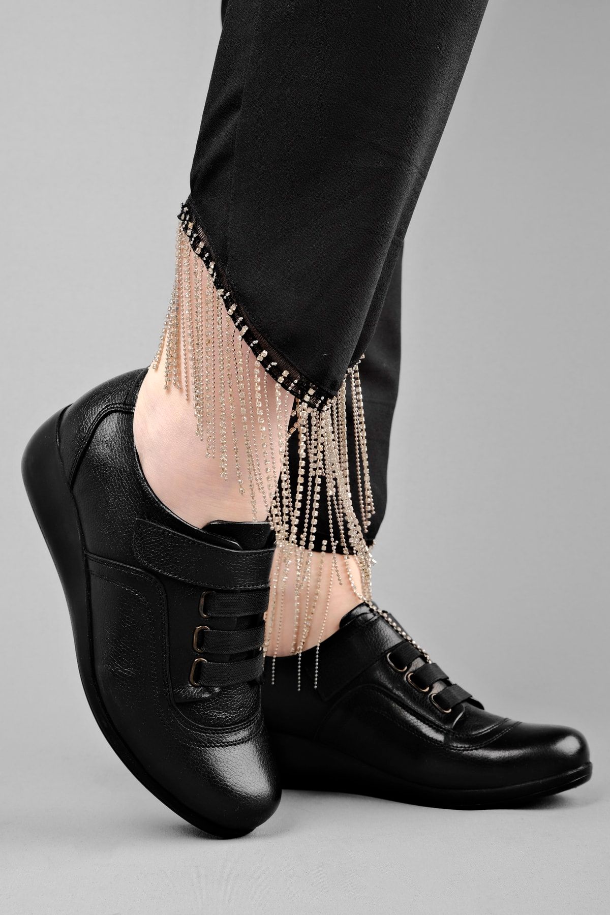 LAL SHOES & BAGS Mera Kadın Dolgu Topuk Hakiki Deri Ayakkabı Bantlı-siyah