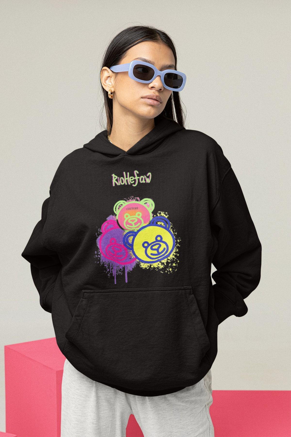 Serbella Renkli Bear Siyah Baskılı Sweatshirt