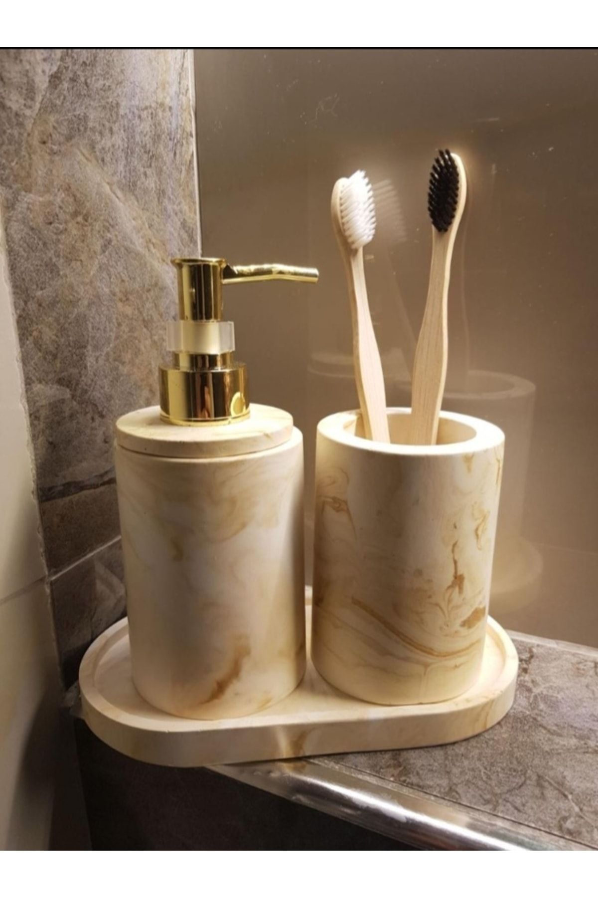 Trust Stone 3'lü Bej Mermer Serisi Banyo Seti Tuvalet Wc Sıvı Sabunluk Diş Fırçalığı Beton Aksesuar Takım