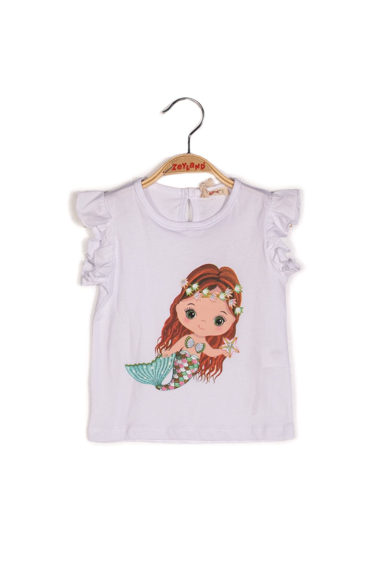 Zeyland Kız Bebek Deniz Kızı Baskılı Beyaz Kolları Fırfırlı T-shirt