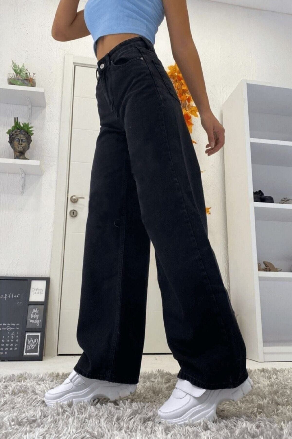 Trn JNS Love Solmaz Siyah Likralı Süper Yüksek Bel Salaş Straight Jeans Palazzo Pantolon