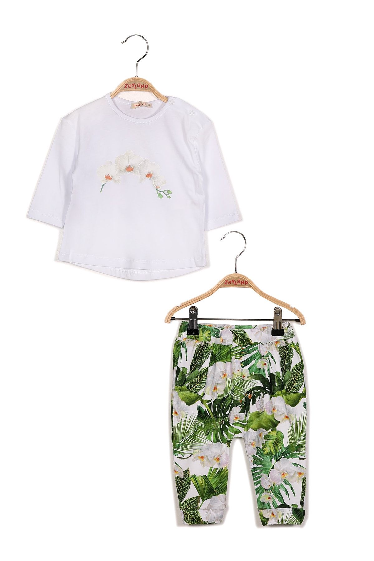 Zeyland Kız Bebek Çiçek Baskılı Uzun Kollu T-shirt Ve Yaprak Baskılı Tek Alt Takım