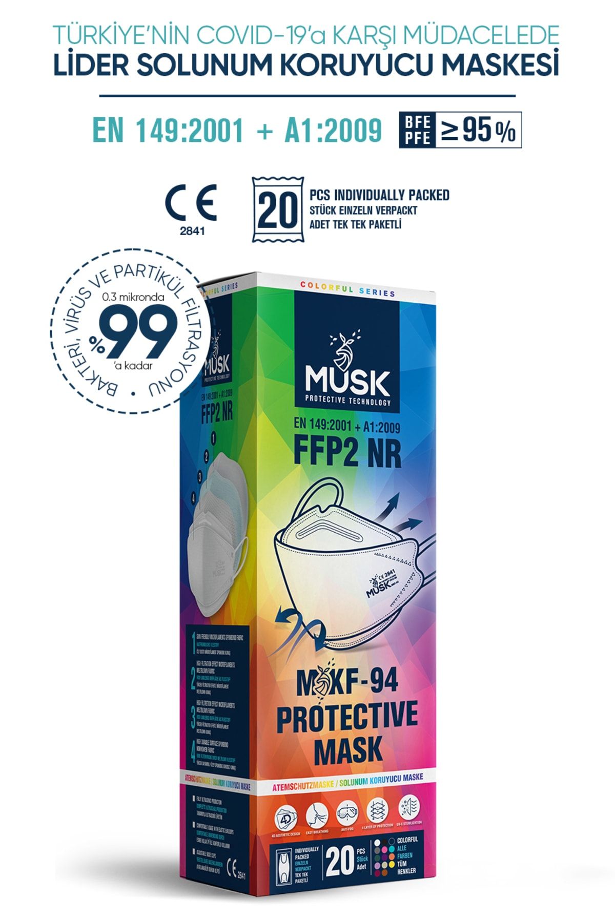 Musk Kf94 Kore Tipi Ffp2 Maske Mix Colorful Kutusu 20 Adet