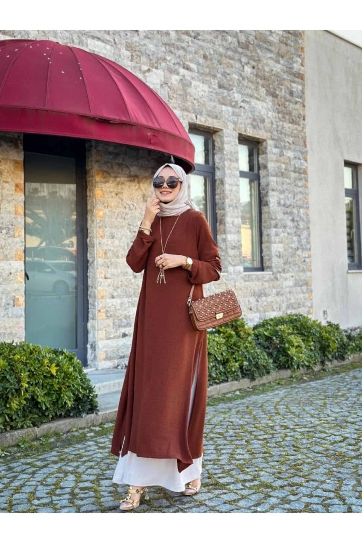 NS Moda Tesettür Iki Renkli Tek Parça Elbise Kahverengi Model-421