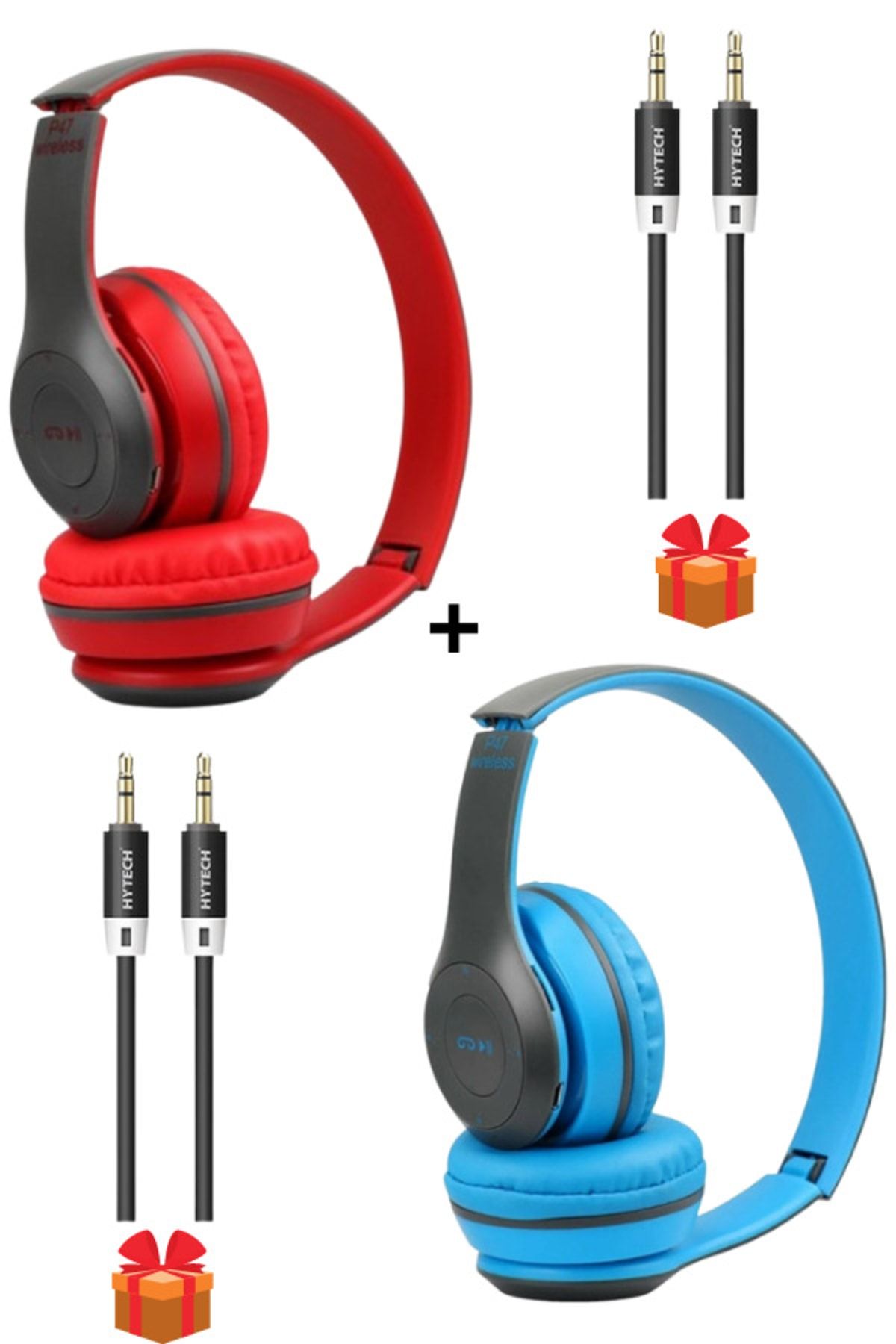 Polygold 2 Adet P47 Wıreless 5.0+edr Bluetooth Kablosuz Kulaklık Mavi+ Kırmızı 2 Adet P47