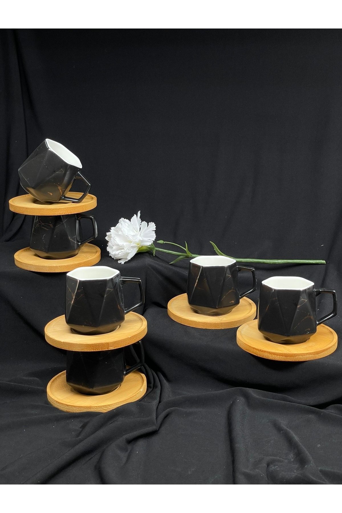 YzHome 6 Kişilik Siyah Mermer Desenli Prizma Porselen Bambu Tabak Kahve Fincan Takımı