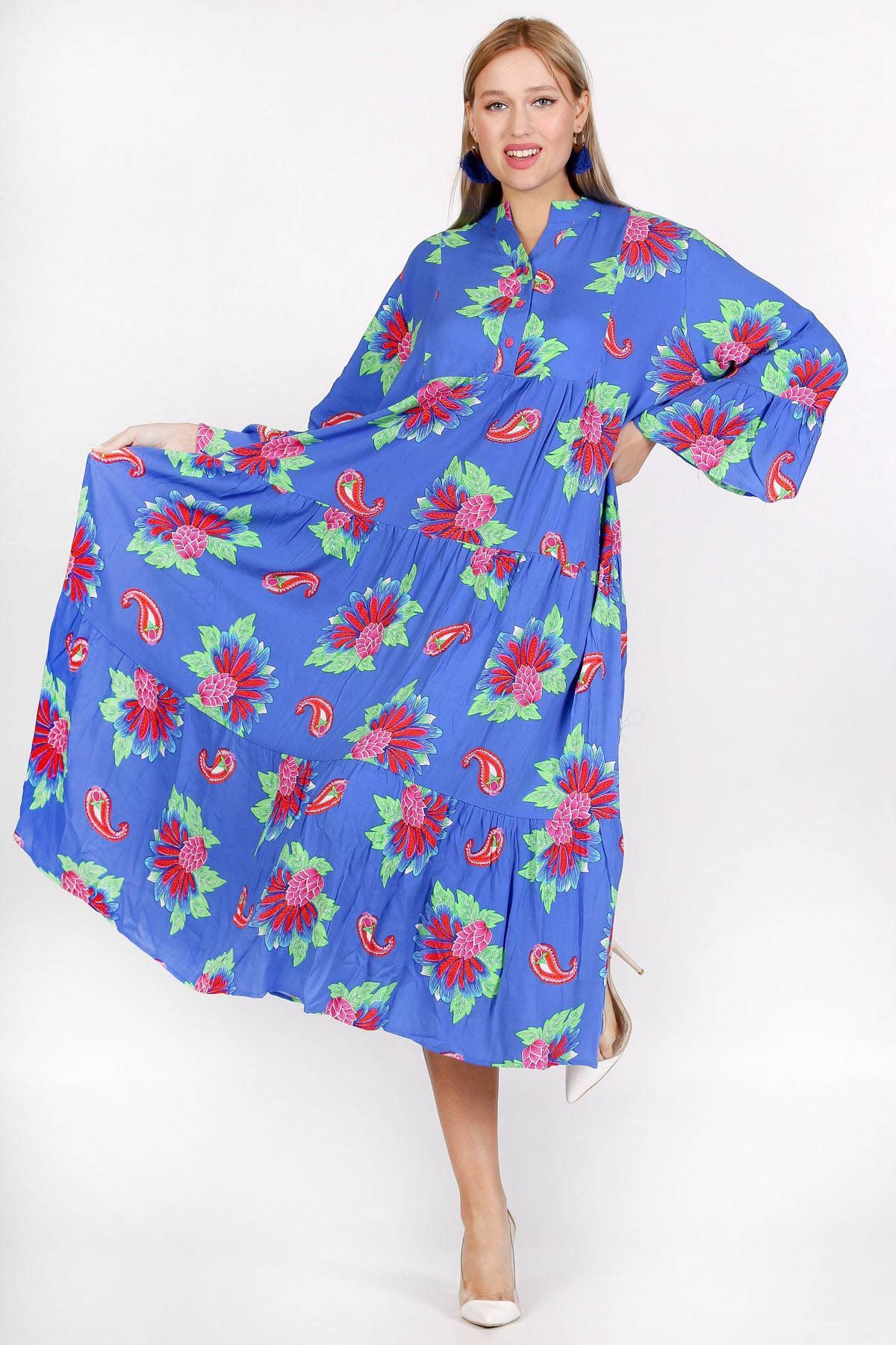 Chiccy Mavi Patlı Yaka Fırfırlı Kol Çiçekli Allover Baskılı Geniş Kesim Dokuma Elbise