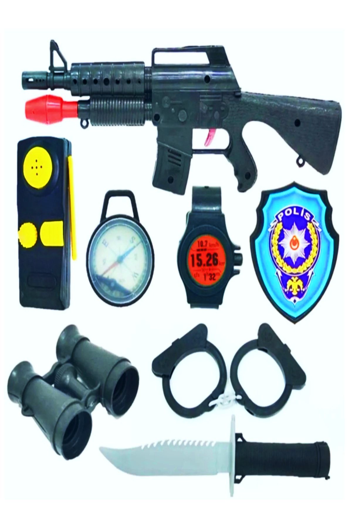 AVDA Büyük Polis Seti Asker Seti Oyuncak Sesli Tüfek + Dürbün + Bomba + Kelepçe + Rozet + Pusula