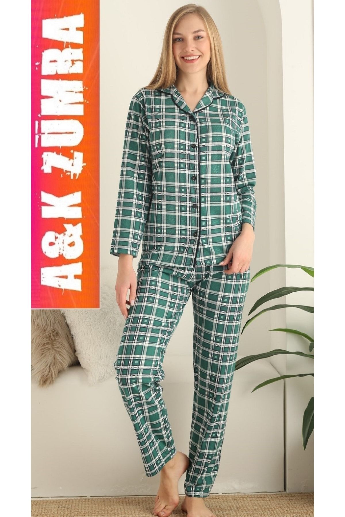 A&K ZÜMRA Kadın Ekose Desenli Gömlek Yaka Yazlık Pijama Takımı Yeşil
