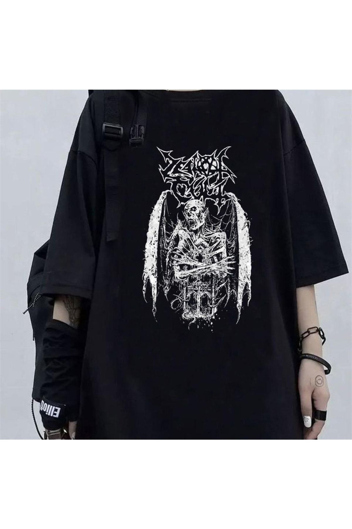 Touz Küt Küt Gothic Devil Baskılı Siyah Unisex Oversize T-shirt