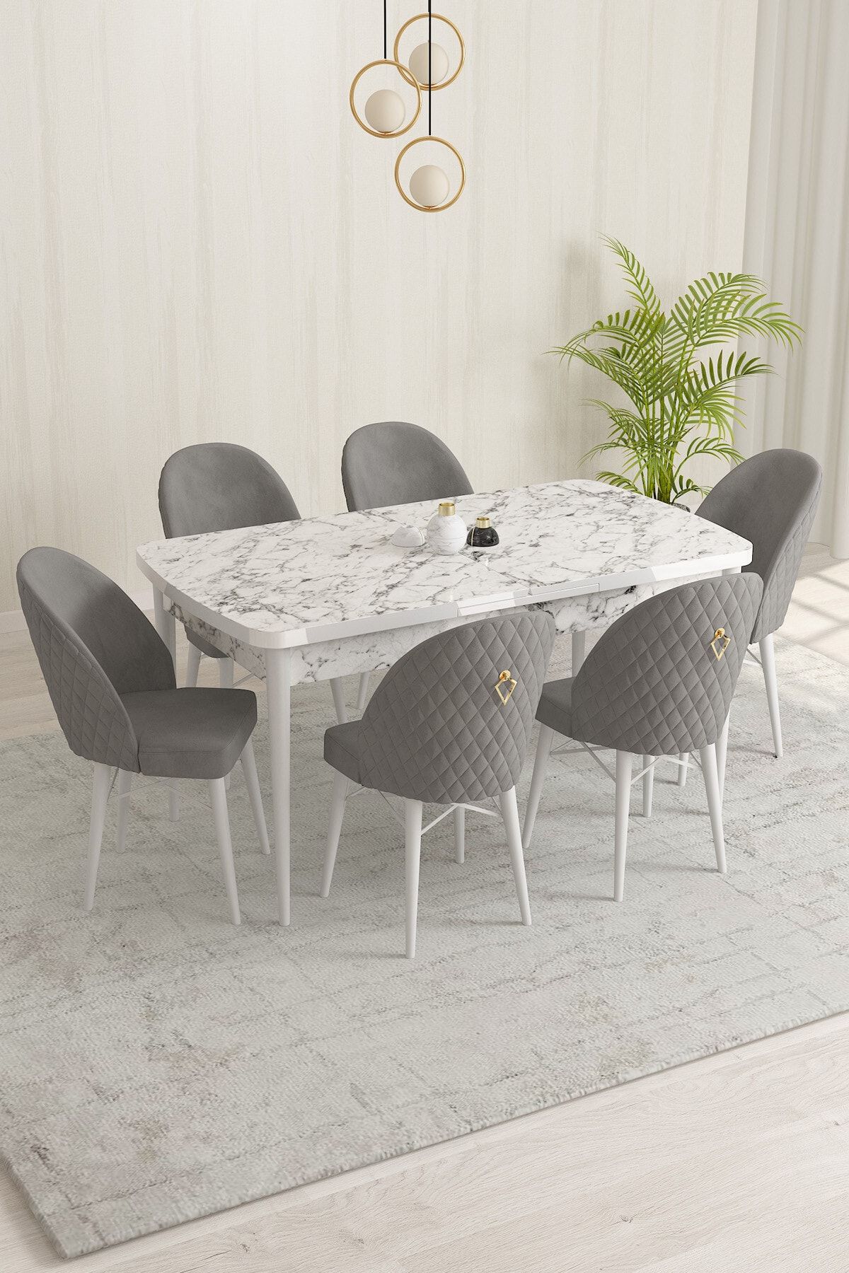 Rovena Marsilya Beyaz Mermer Desen 80x132 Mdf Açılabilir Yemek Masası Takımı 6 Adet Sandalye
