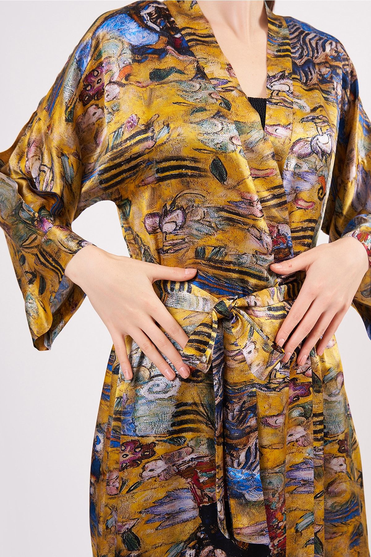 Nomads Felt İpek Uzun Kimono Kaftan | Gold Desenli | Nomads Felt