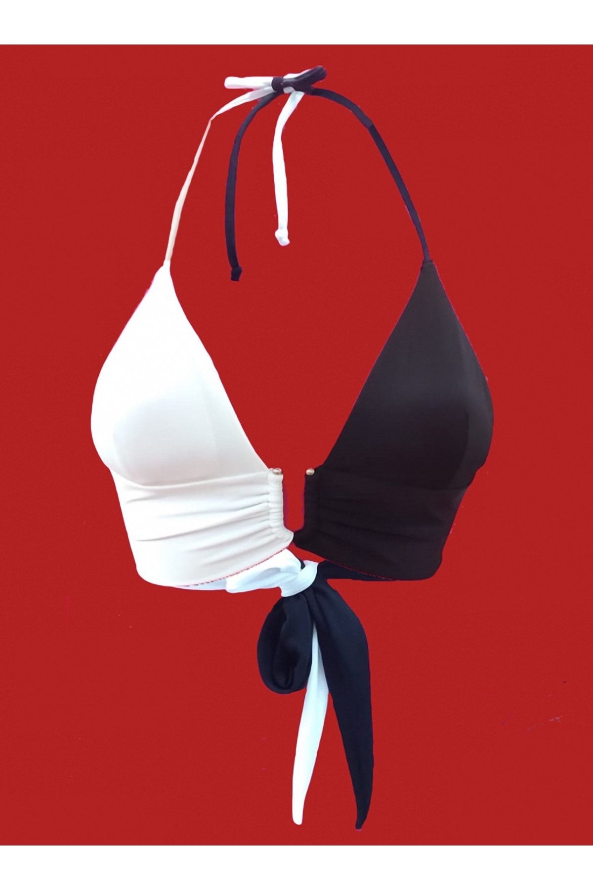 Transacoustic Siyah Beyaz Tulumlu U Aksesuar Detaylı Şık Bikini Üstü