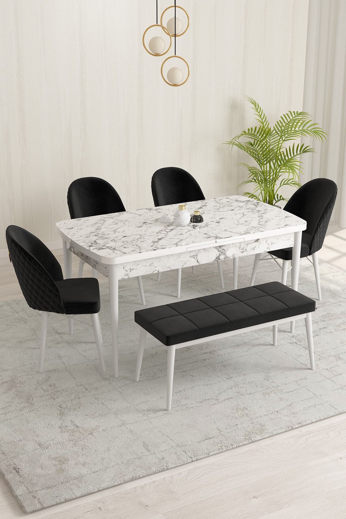 Rovena Marsilya Beyaz Mermer Desen 80x132 Mdf Açılabilir Mutfak Masası Takımı 4 Sandalye, 1 Bench