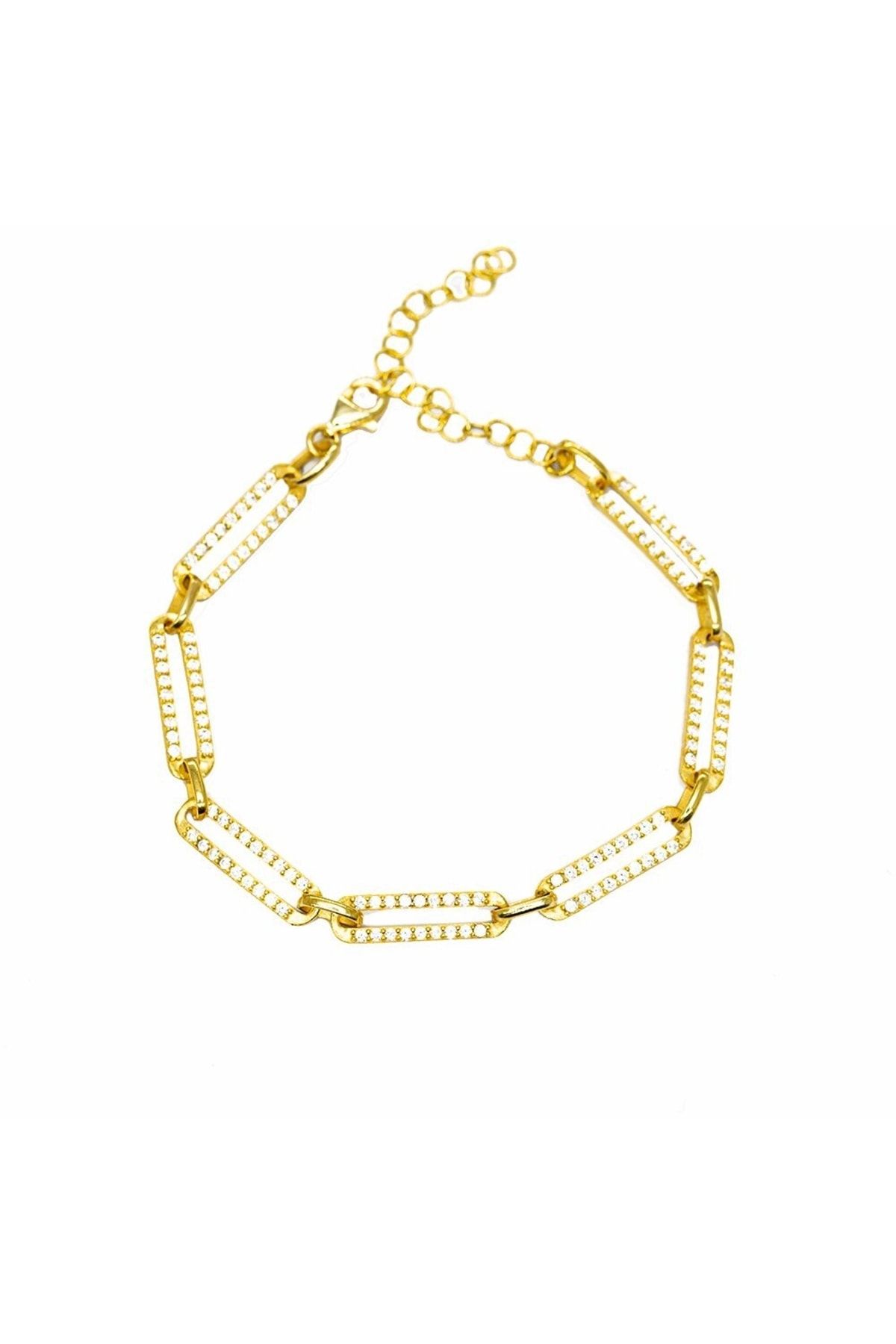 Tesbihane Beyaz Zirkon Taşlı Trend Tasarım Gold Renk 925 Ayar Gümüş Kadın Bileklik