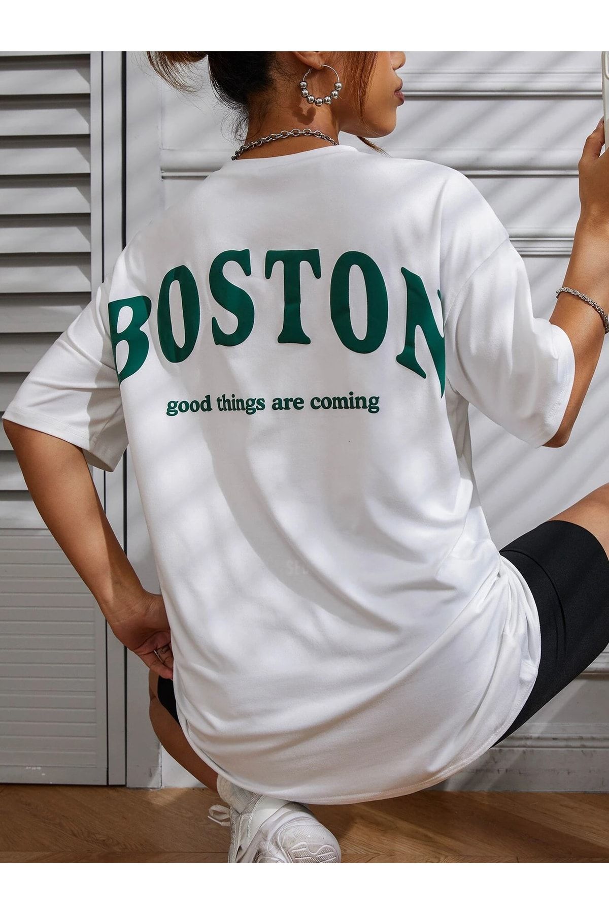 VBSVİBES Kadın Beyaz Oversiz Boston Baskılı Örme T-shirt