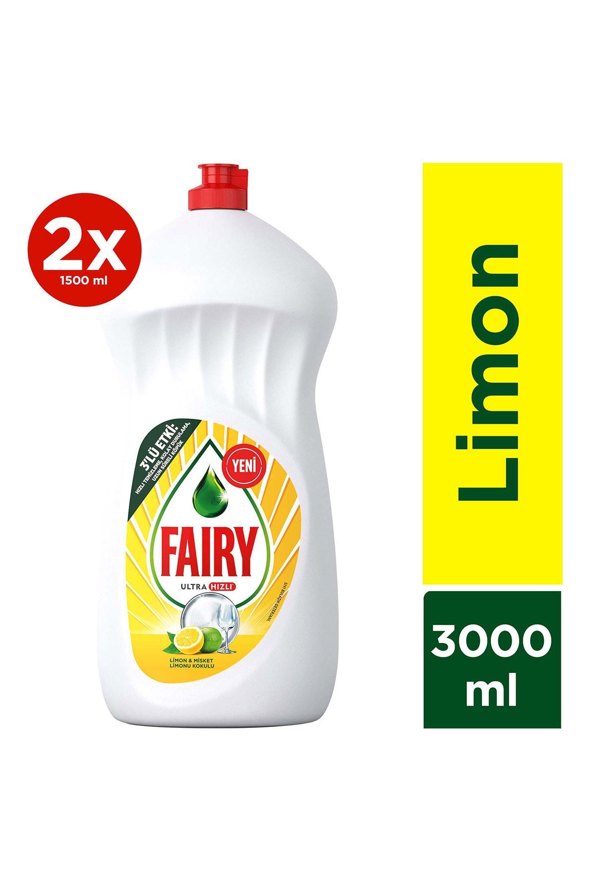 Fairy 3000 ml Ultra Hızlı 3'lü Etki Sıvı Bulaşık Deterjanı Limon ve Misket Limonu Kokulu 1500ml x2