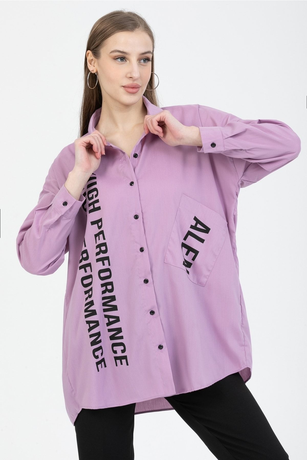 MD trend Kadın Lila Tek Cepli Oversize Baskılı Gömlek