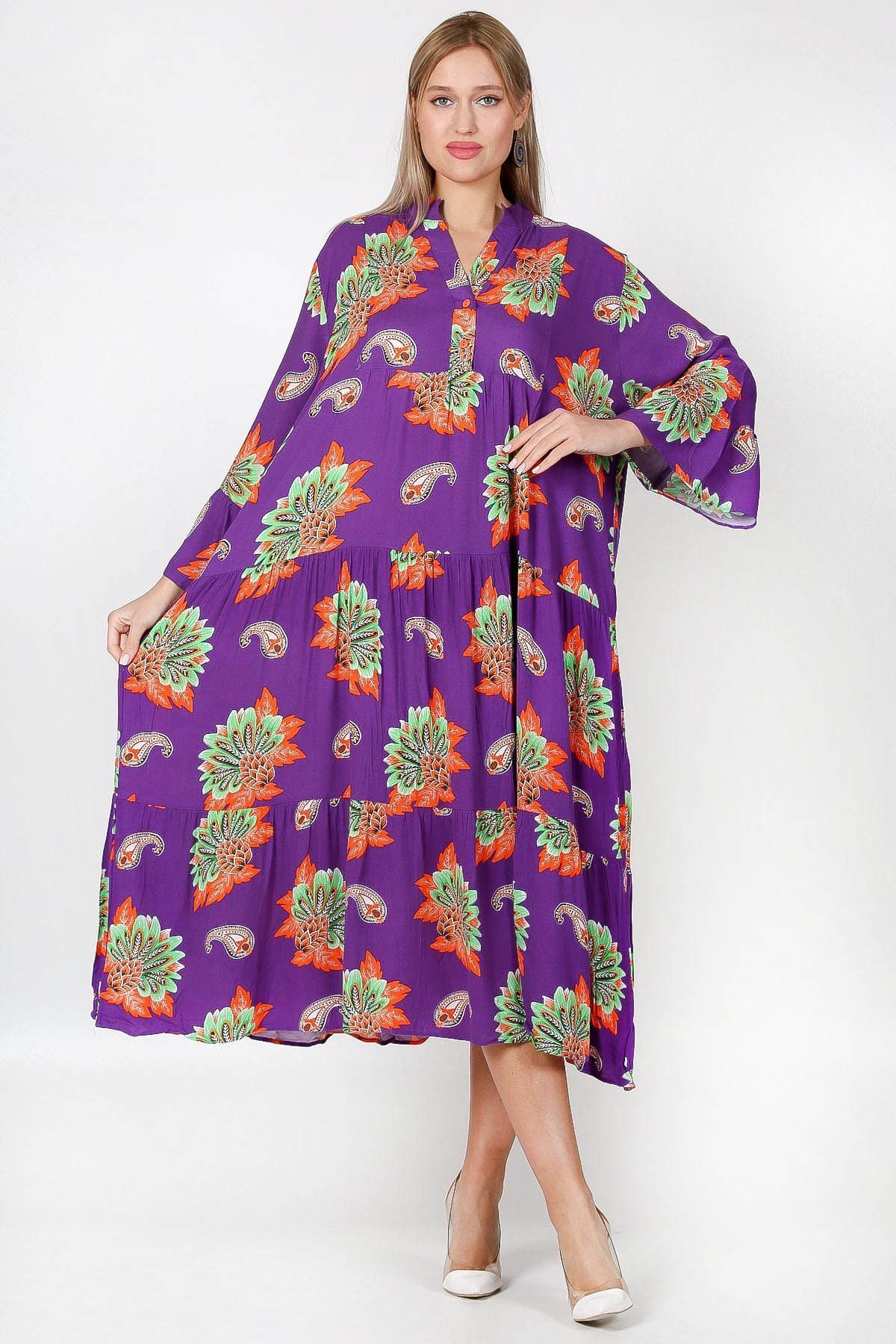 Chiccy Mor Patlı Yaka Fırfırlı Kol Çiçekli Allover Baskılı Geniş Kesim Dokuma Elbise