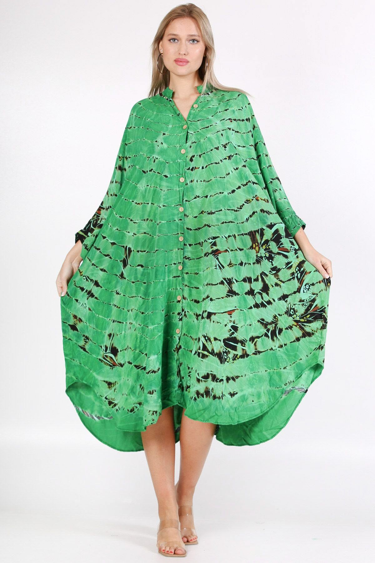 Chiccy Yeşil Dik Yaka Uzun Kol Desenli Düğmeli Cepli Geniş Kesim Dokuma Elbise