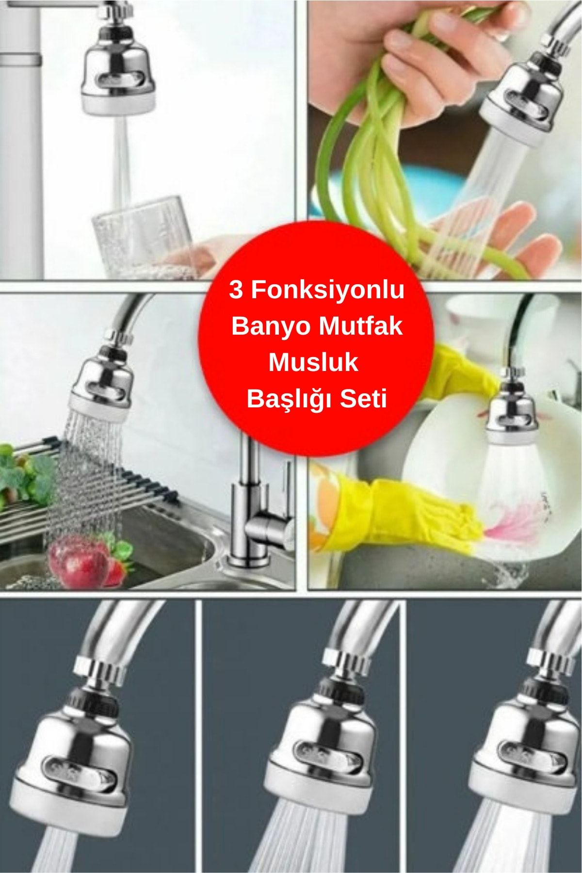 WAPPA 3 Fonksiyonlu Mutfak Lavabo Başlığı 360 Derece Döner Musluk Ucu Tasarruflu