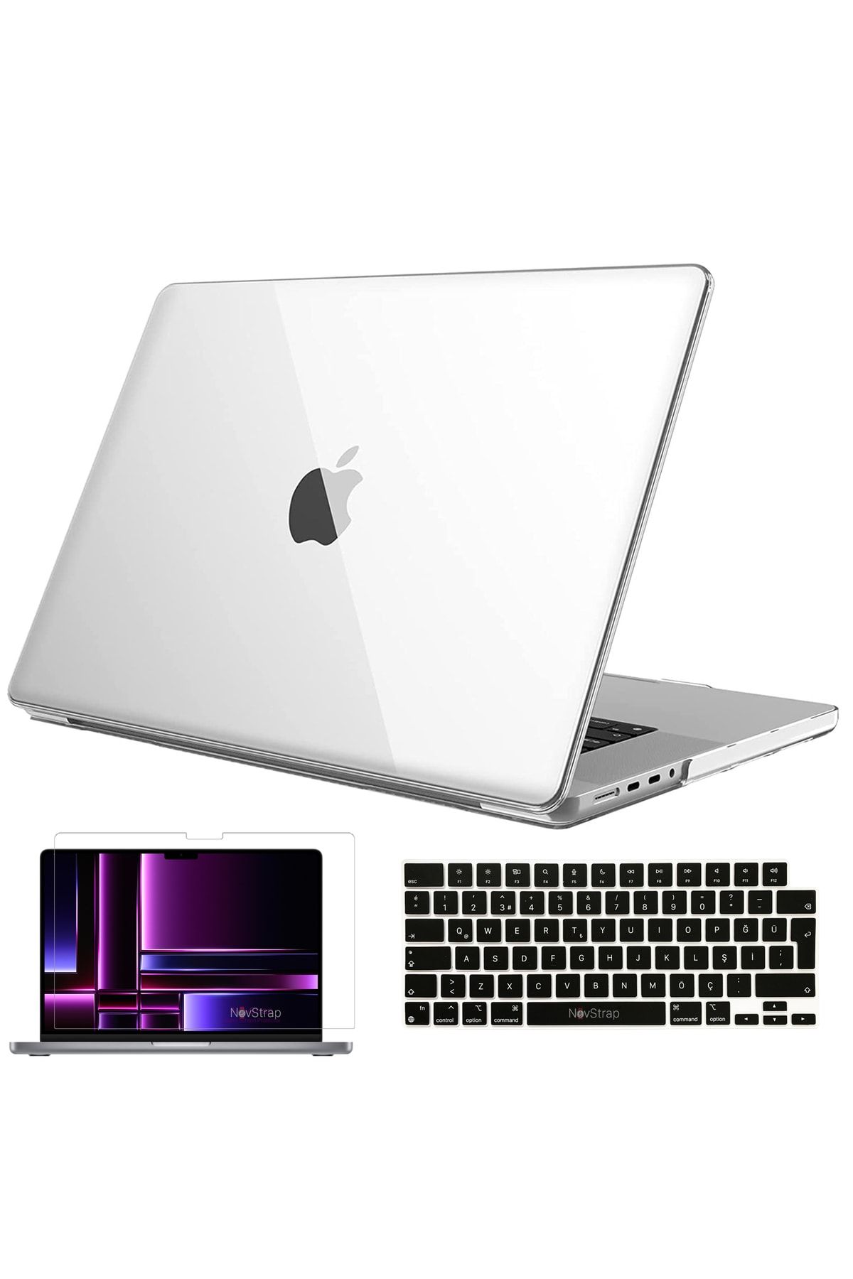 NovStrap Apple Macbook Pro 2023 M2 14.2 Inc A2779 Uyumlu Parlak Kılıf + Siyah Klavye Kılıfı + Film