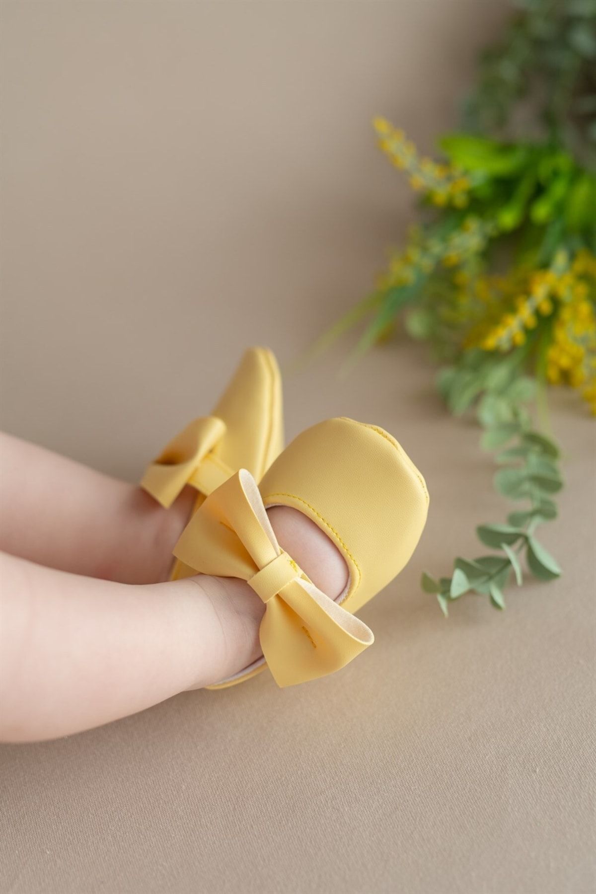 First Step Sarı Kız Bebek Suni Deri Fiyonklu Babet Patik Ilk Adım Ayakkabısı