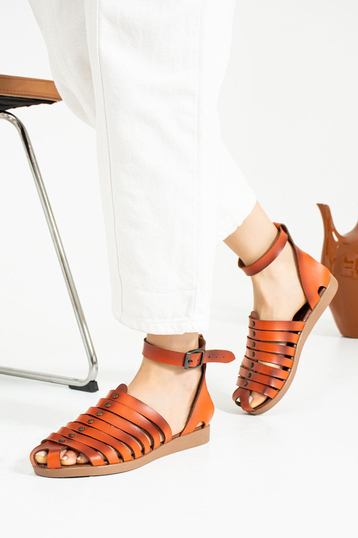 Pembe Potin Kadın Orange Rahat Poli Taban Günlük Yazlık Bodrum Stil Sandalet