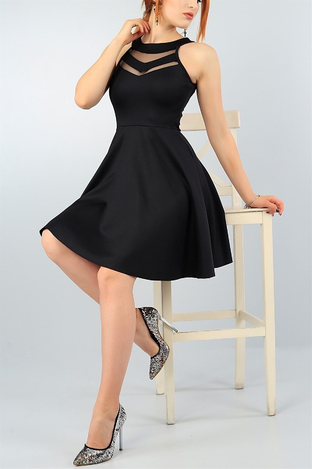 lovebox Kadın Esnek Scuba Kumaş Transparan Detaylı Siyah Elbise 2222