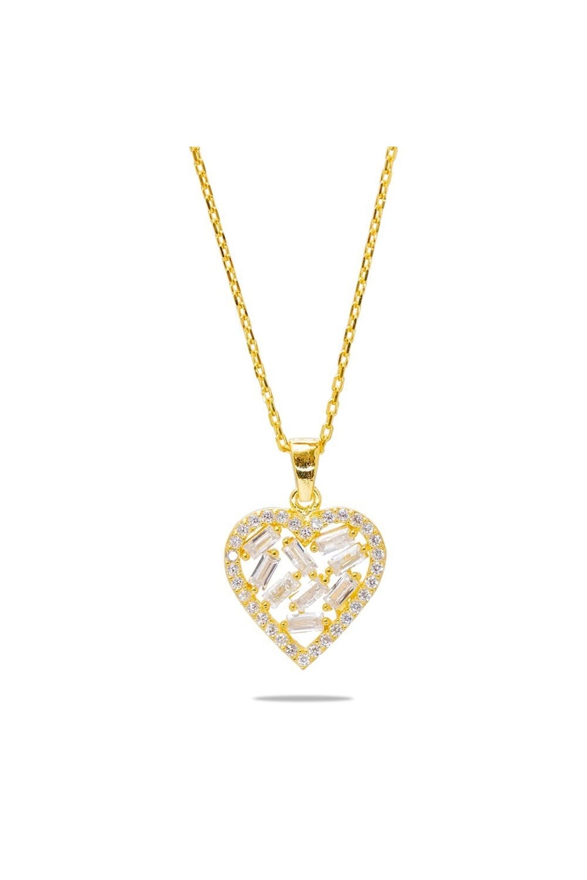 Tesbihane Beyaz Zirkon Taşlı Kalp Tasarım Gold Renk 925 Ayar Gümüş Kadın Kolye