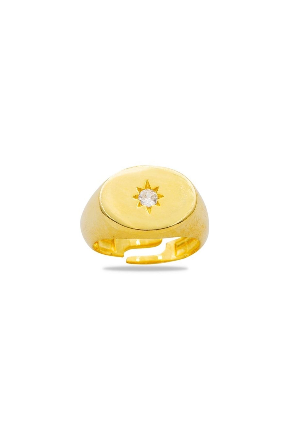 Tesbihane Beyaz Zirkon Taşlı Yıldız Detaylı Gold Renk Free Size 925 Ayar Gümüş Kadın Tektaş Yüzük