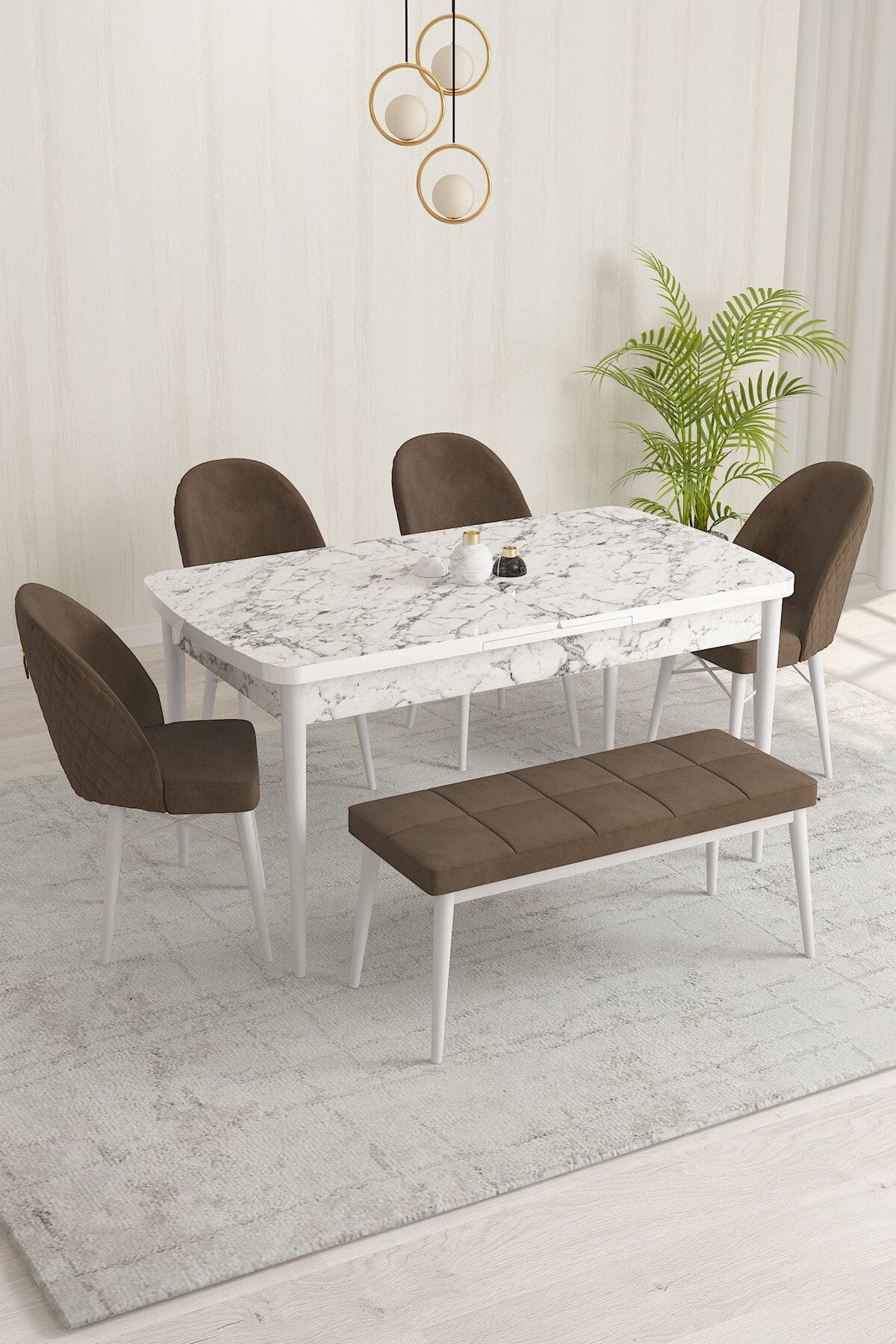 Rovena Marsilya Beyaz Mermer Desen 80x132 Mdf Açılabilir Mutfak Masası Takımı 4 Sandalye, 1 Bench