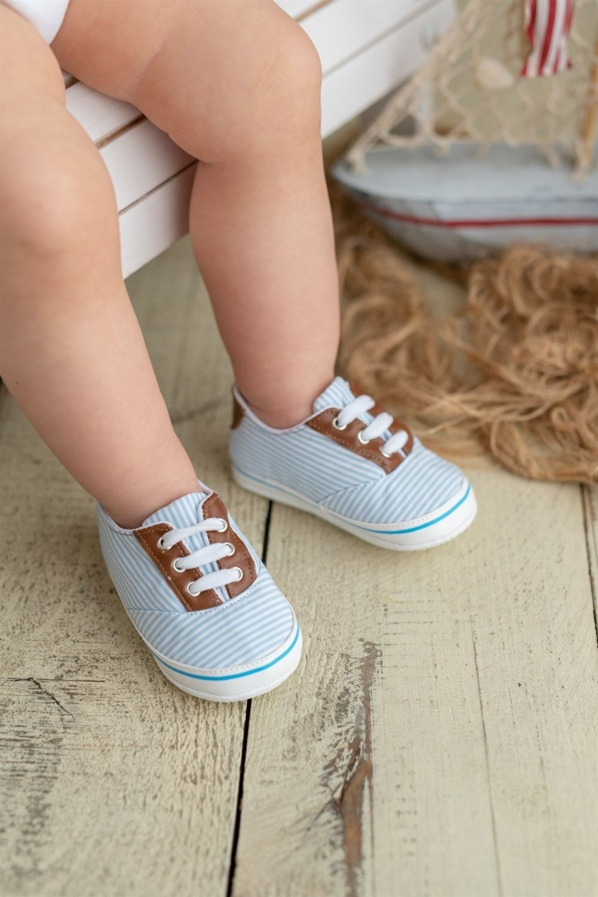First Step Mavi Çizgili Erkek Bebek Patik Ilk Adım Ayakkabısı