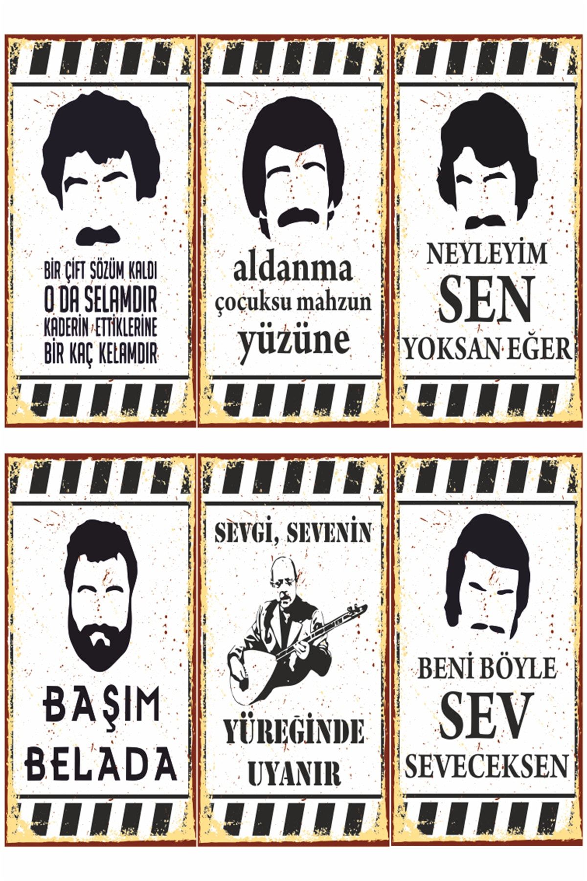 Hayat Poster Arabesk Müslüm Ahmet Kaya Neşet Ertaş Duvar Yazıları 6lı Mini Retro Ahşap Poster Seti