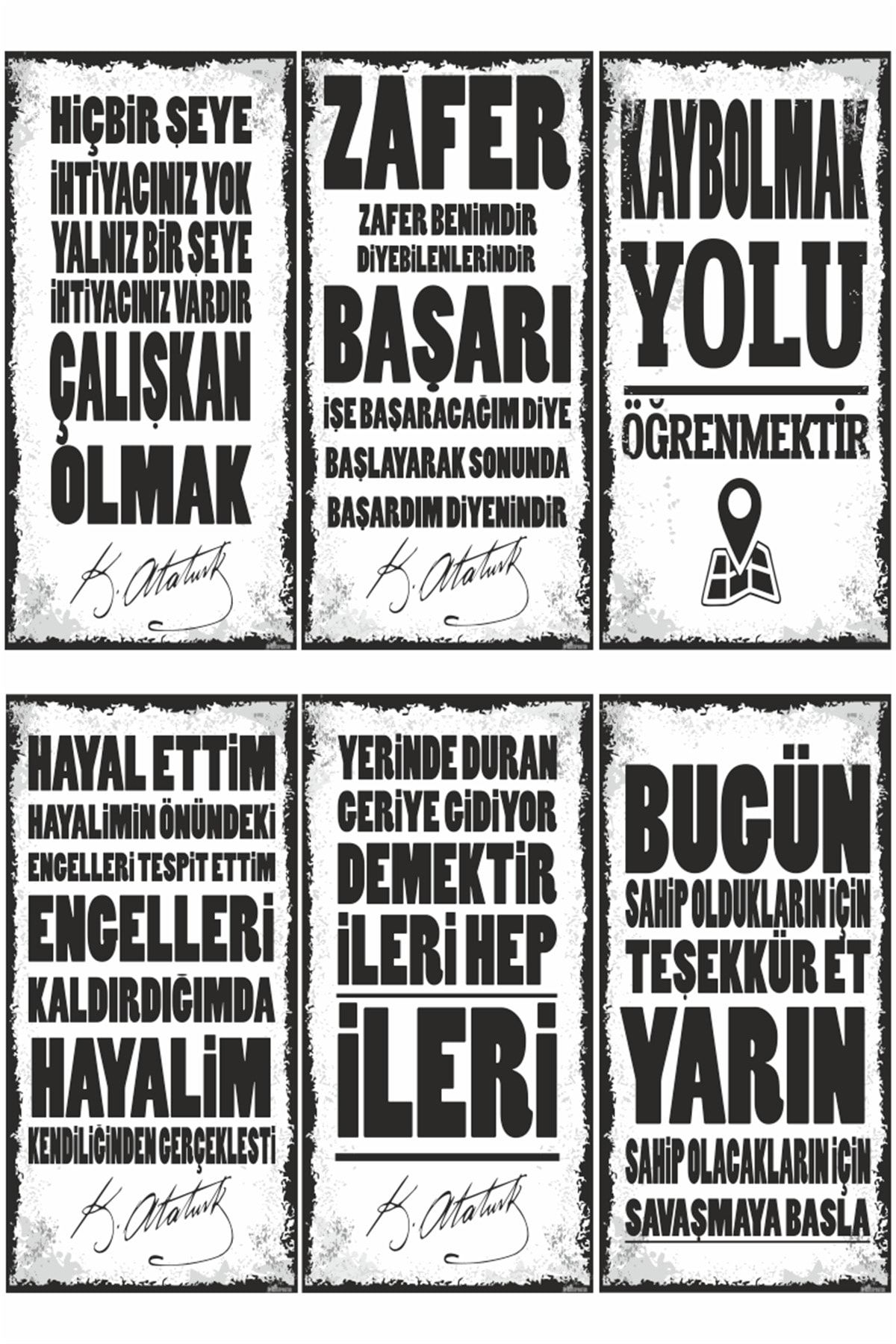 Hayat Poster Atatürk Sözleri Motivasyon Duvar Yazıları 6lı Mini Retro Ahşap Poster Seti