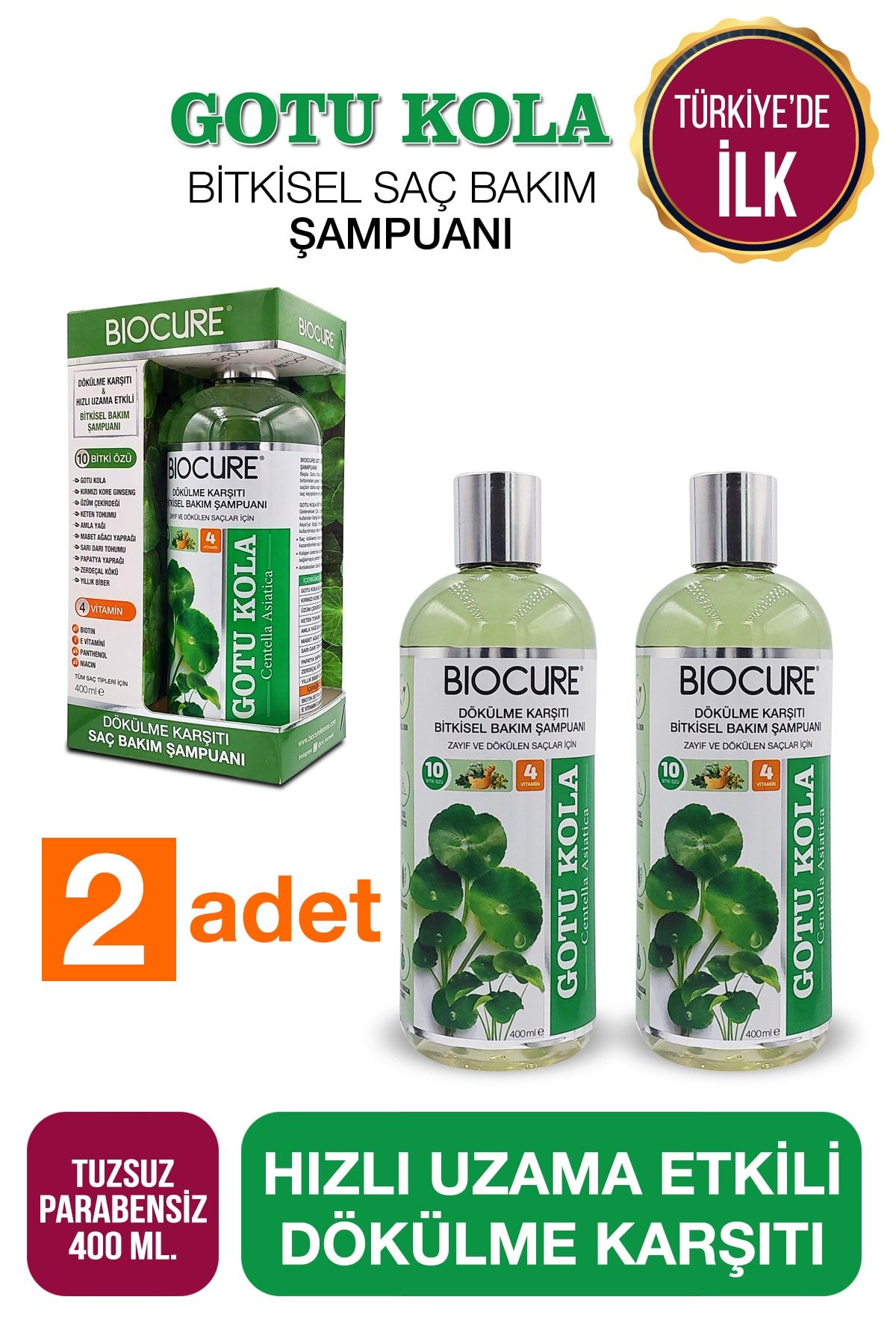 Biocure Gotu Kola Saç Dökülme Karşıtı Bitkisel Şampuan 10 Bitki 4 Vitaminli X 2 Adet
