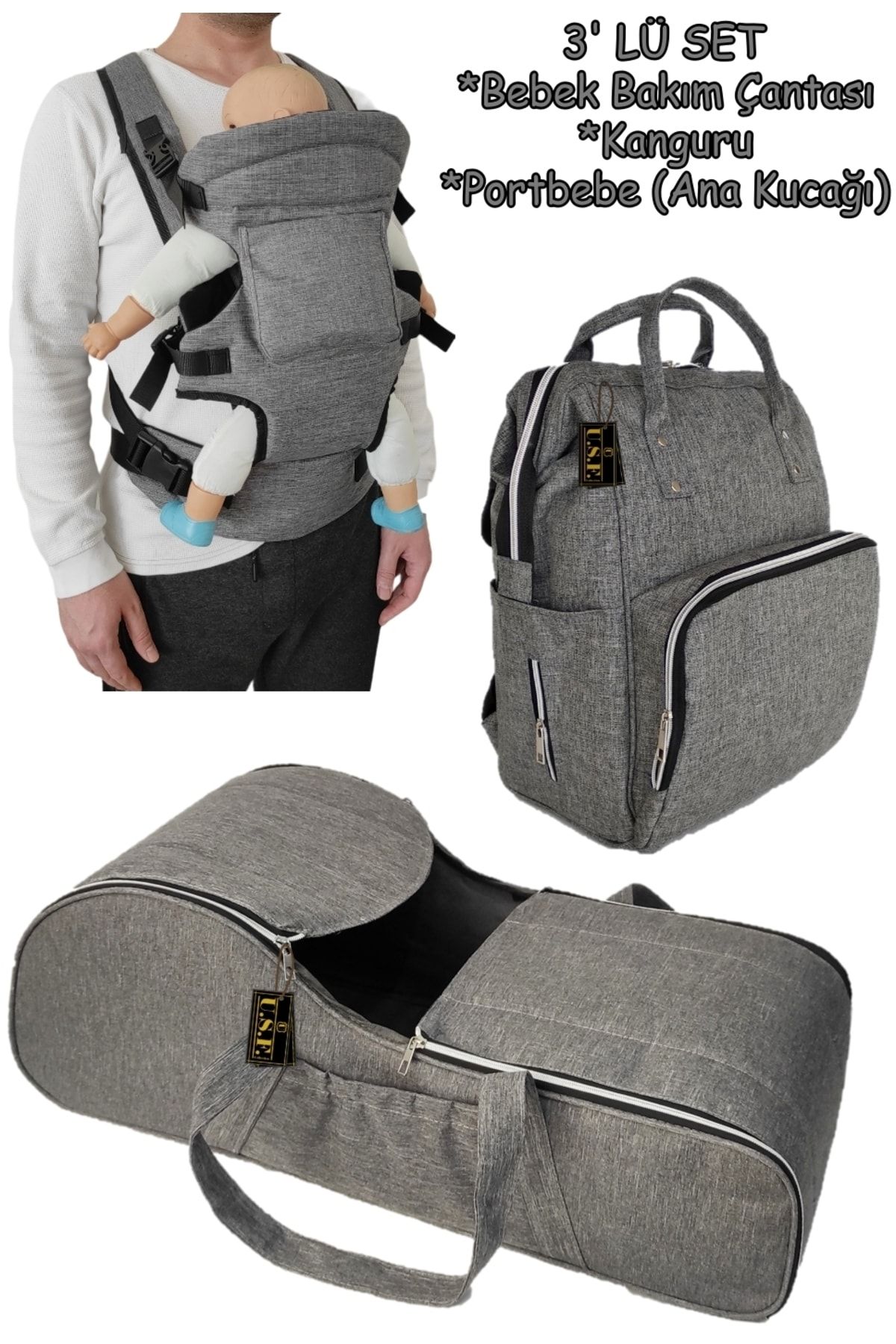 USF Portbebe Ana Kucağı + Bebek Taşıma Kanguru + Bebek Bakım Çantası 3 Lü Set Düz Gri
