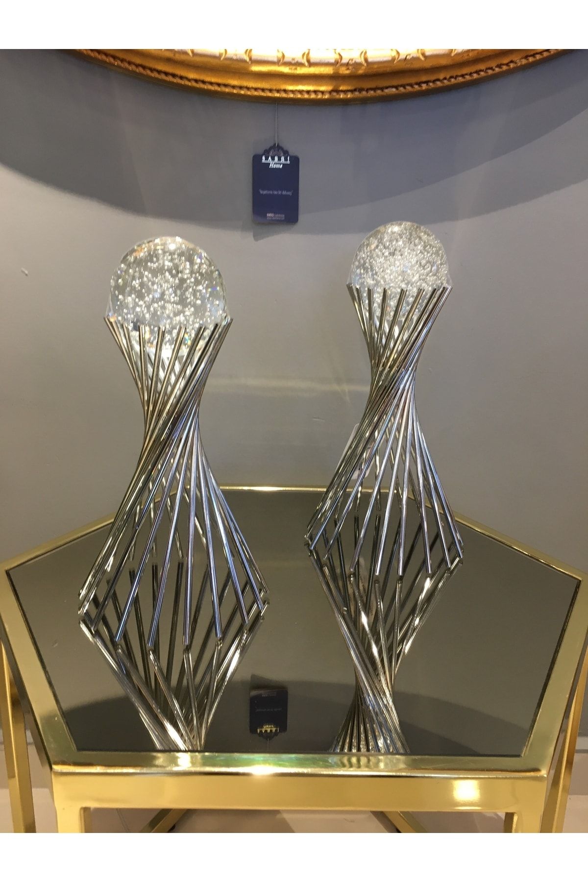 SABRİ HOME 2'li Gümüş Metal Geniş Ayaklı Kabarcık Kristal Küreli Aksesuar Masa Sehpa Dresuar Üstü Dekor
