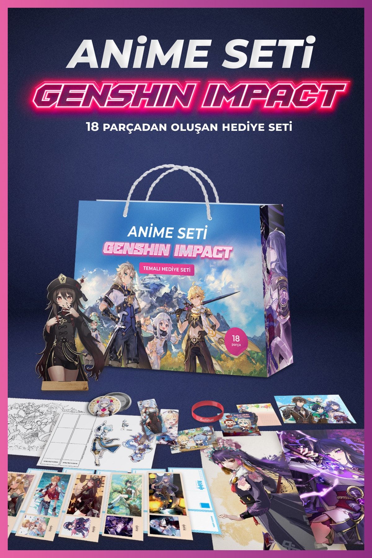 TRENCHY Genshın Impact Anime Kutusu Box - Yeni Nesil Set - Poster - Rozet - Bileklik - Kartpostal - Figür