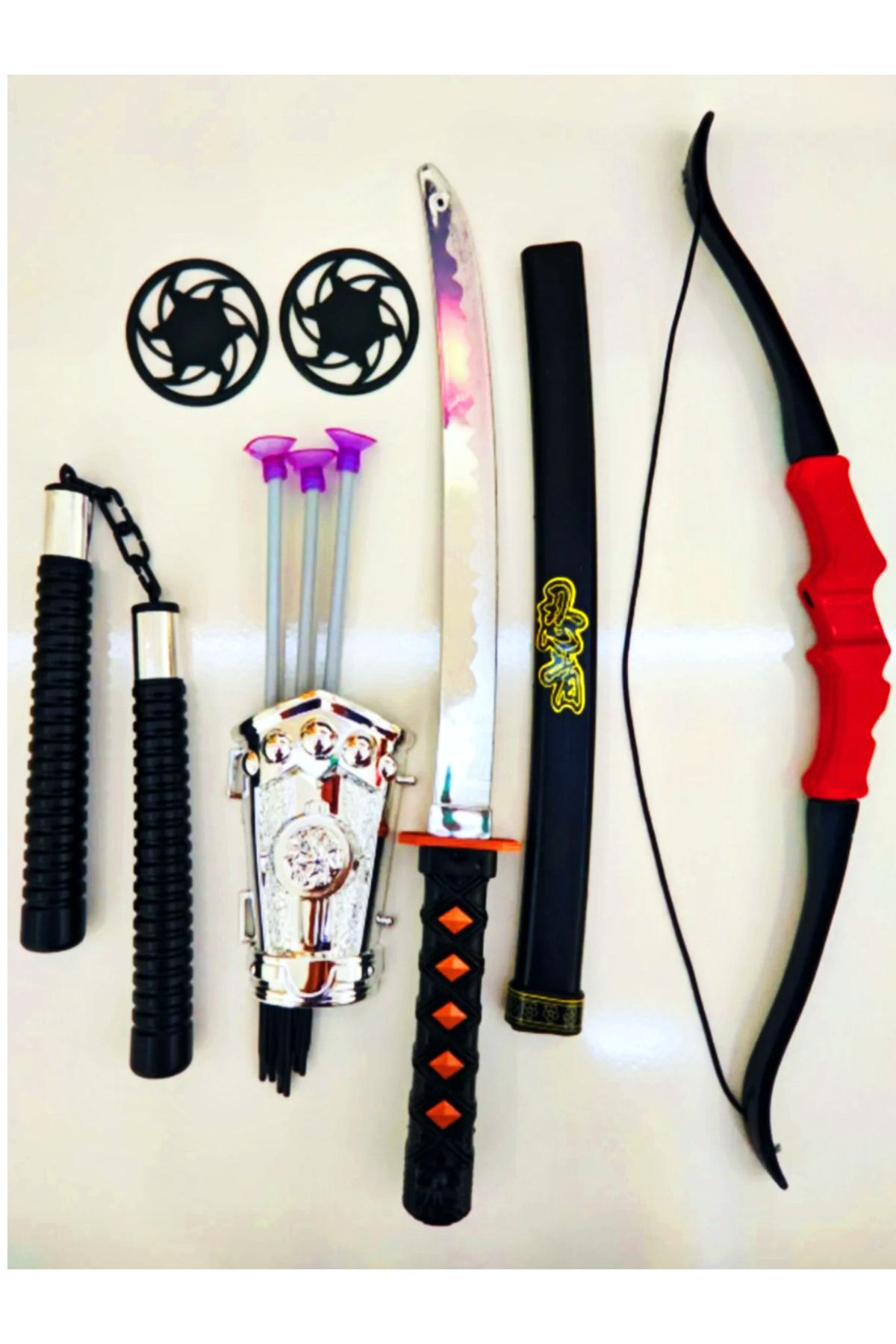 AVDA Ninja Samuray Dövüş Savaş Seti Ok Yay Kılıç Kalkan Mınçıka Ninja Yıldız Fırlatma Bıçağı 10 Parça