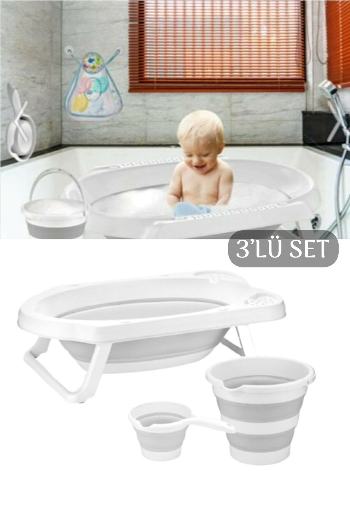 Meleni Baby 3'lü Set Katlanır Bebek Banyo Seti  Katlanabilir Bebek Küveti Su Kovası Maşrapa Seti Gri