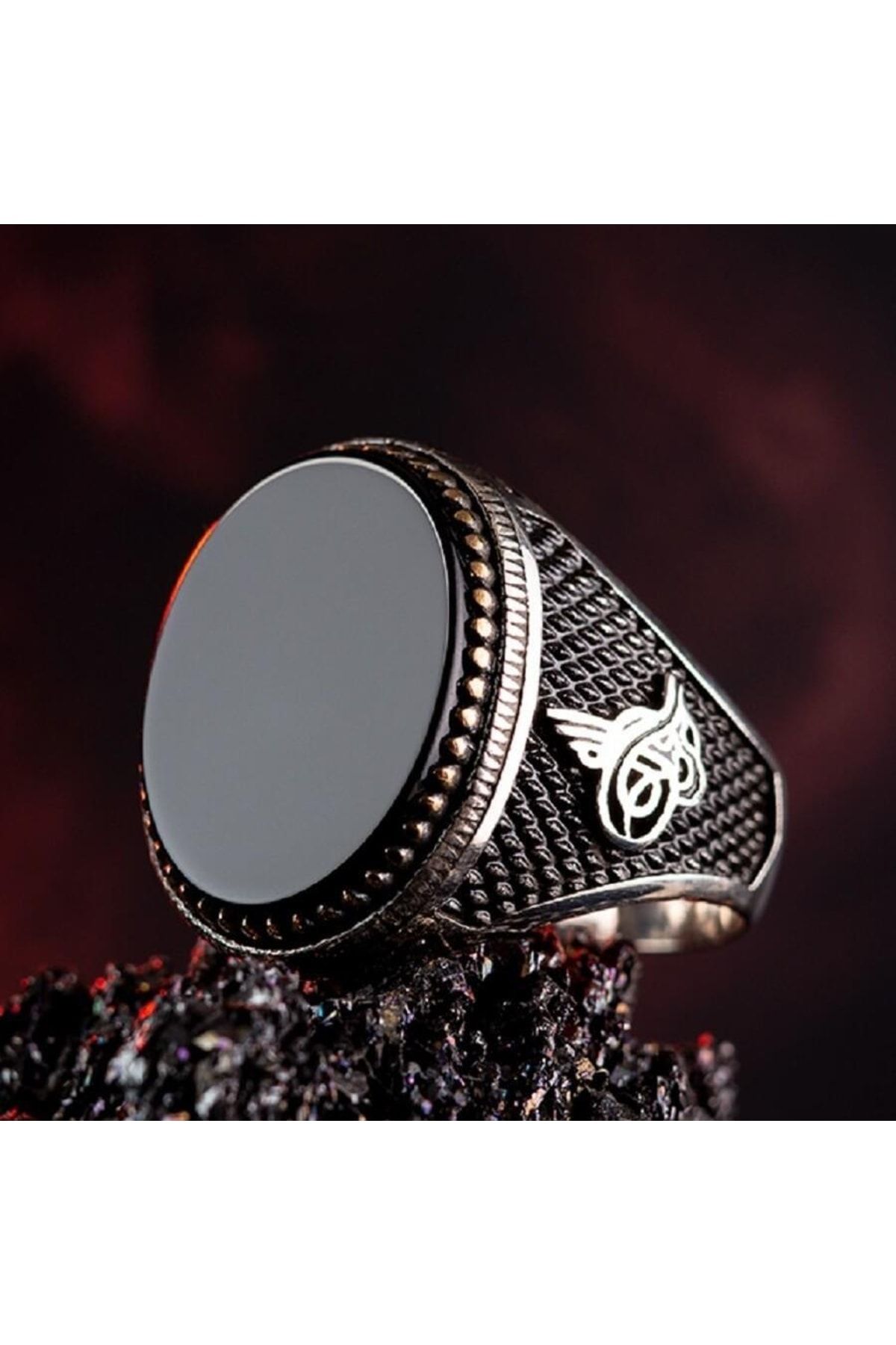 Anı Yüzük Erkek Siyah Oniks Taşlı Osmanlı Tuğralı Lüks Model Özel Tasarım 925 Ayar Gümüş Yüzük